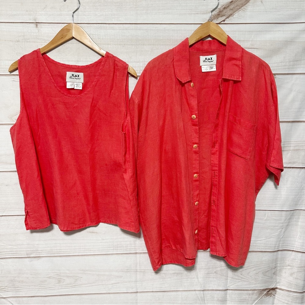 Flax Lagenlook Orange Linen Twin Set Shirt Jacket Tank Top Size Medium Button Up